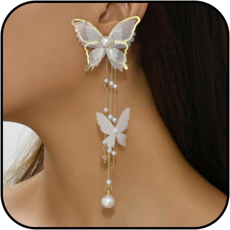 Rhinestone Pearl Butterfly Dangle Earrings for Women Long Sparkling Purple Crystal Butterfly Jewelry Statement Earrings