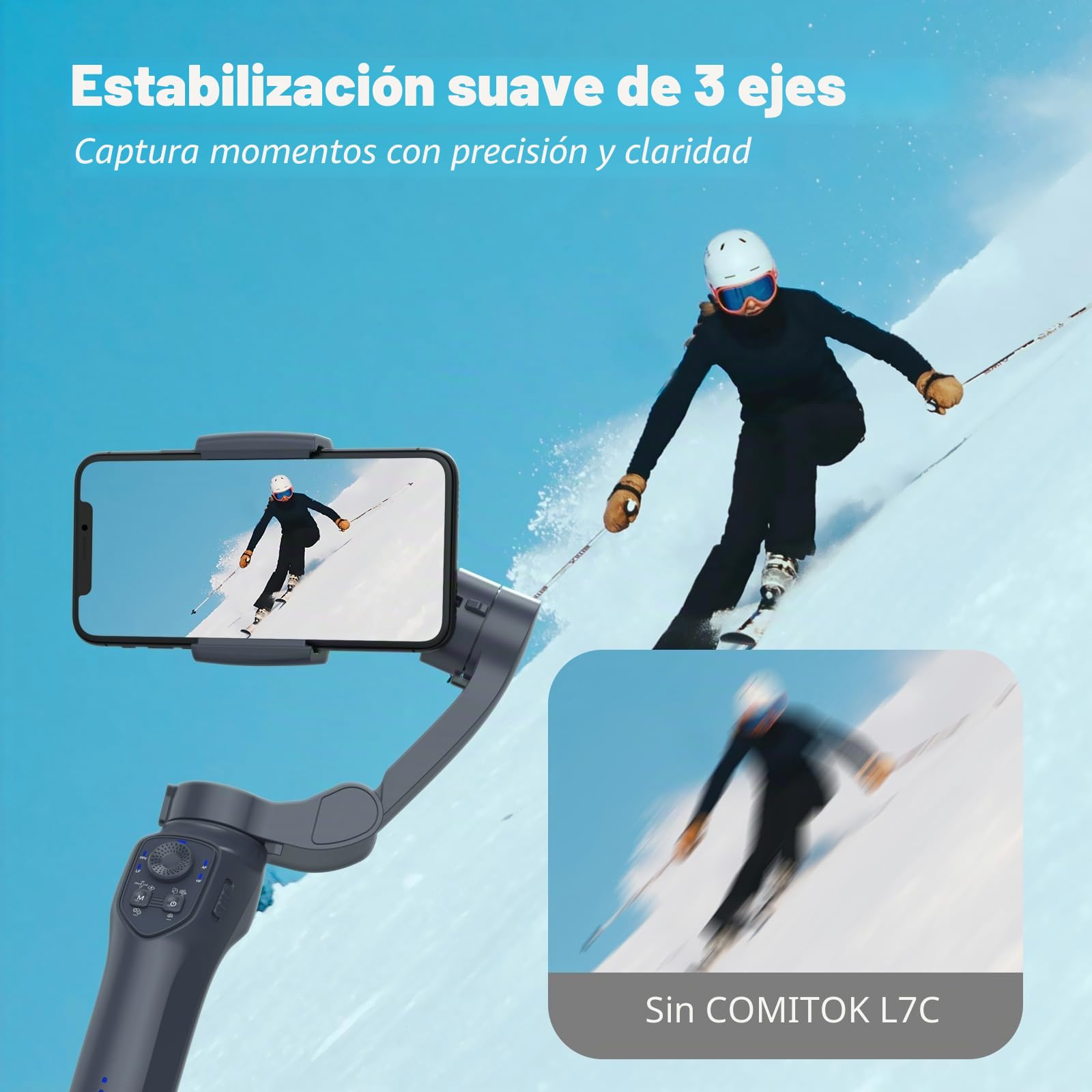 COMITOK L7C Pro - Estabilizador de cardán de 3 ejes para smartphone, seguimiento de cara/objetos, cardán plegable para iPhone, negro, conector USB, compatible con smartphones de hasta 0,3 kg y 7
