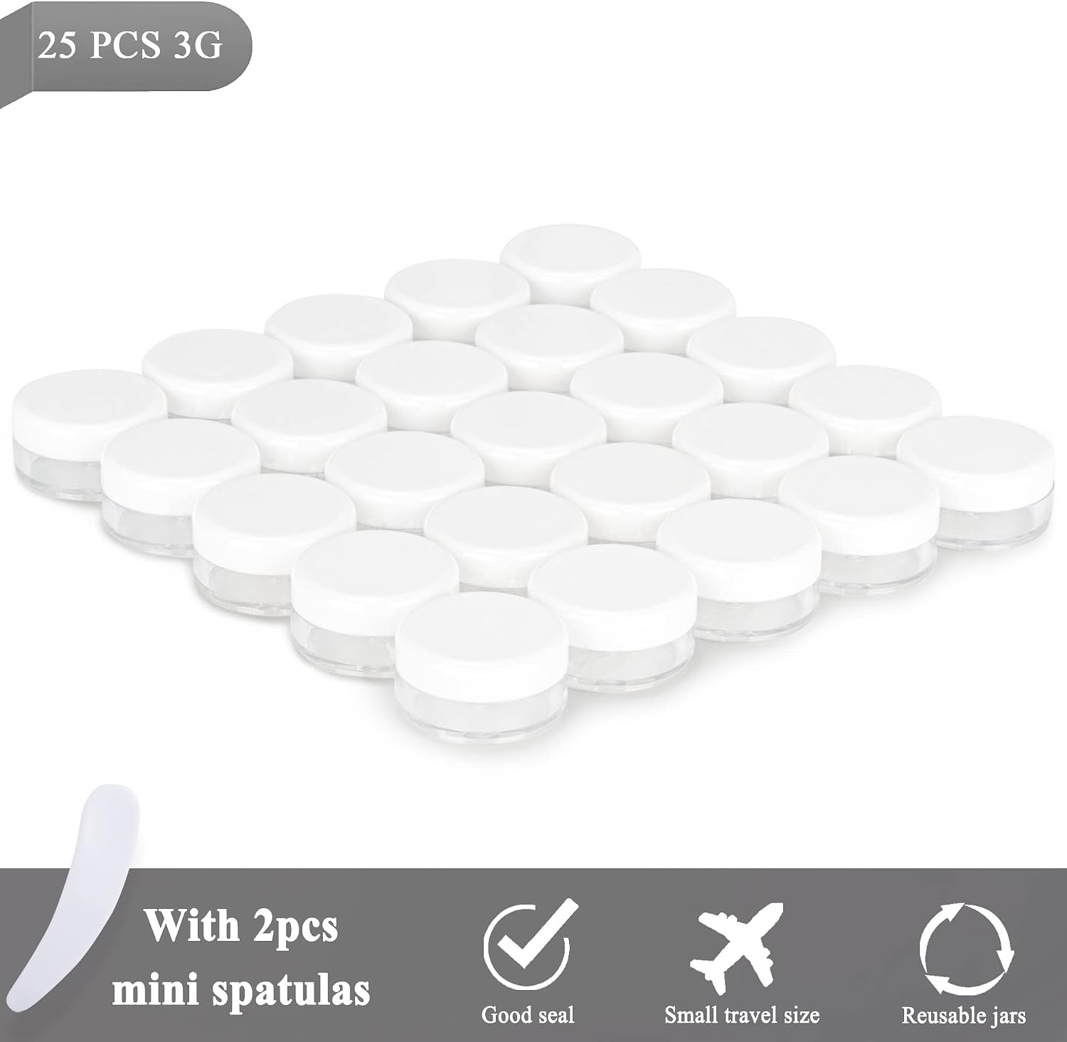 25PCS 3 Gram Sample Containers, 3ml Empty Jars with Lids, Small Cosmetic Containers, Mini Sample Jars with 2PCS Mini Spatulas for Make Up, Oils, Lotion, Powder, Paint, Jewelry, Lip Balms(White Lid) image 5