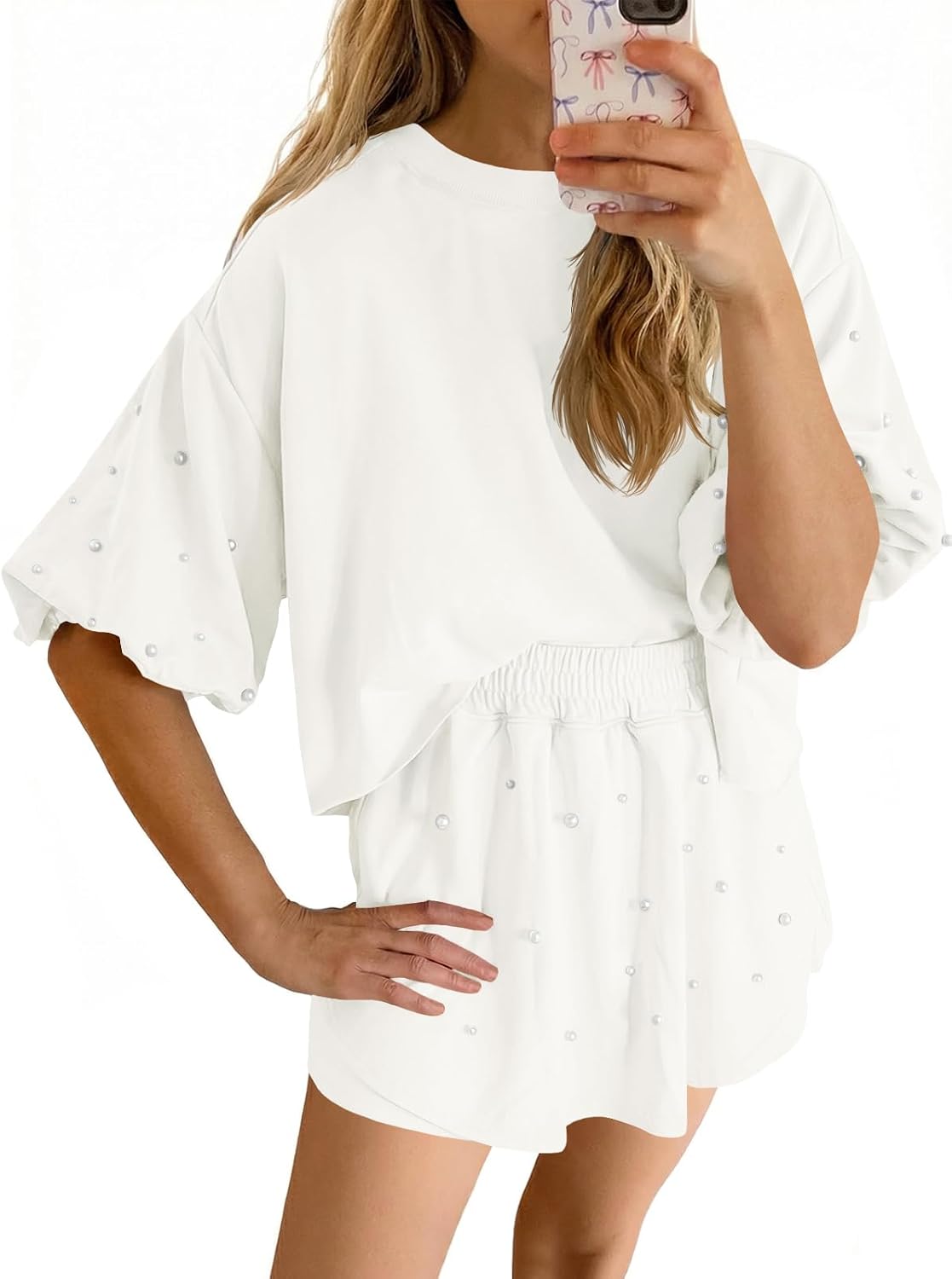 Fisoew Womens Summer Lounge Shorts Sets 2 Piece Outfits Decor Pearl Short Puff Sleeve Sweatshirt Skort Skirt Tracksuits
