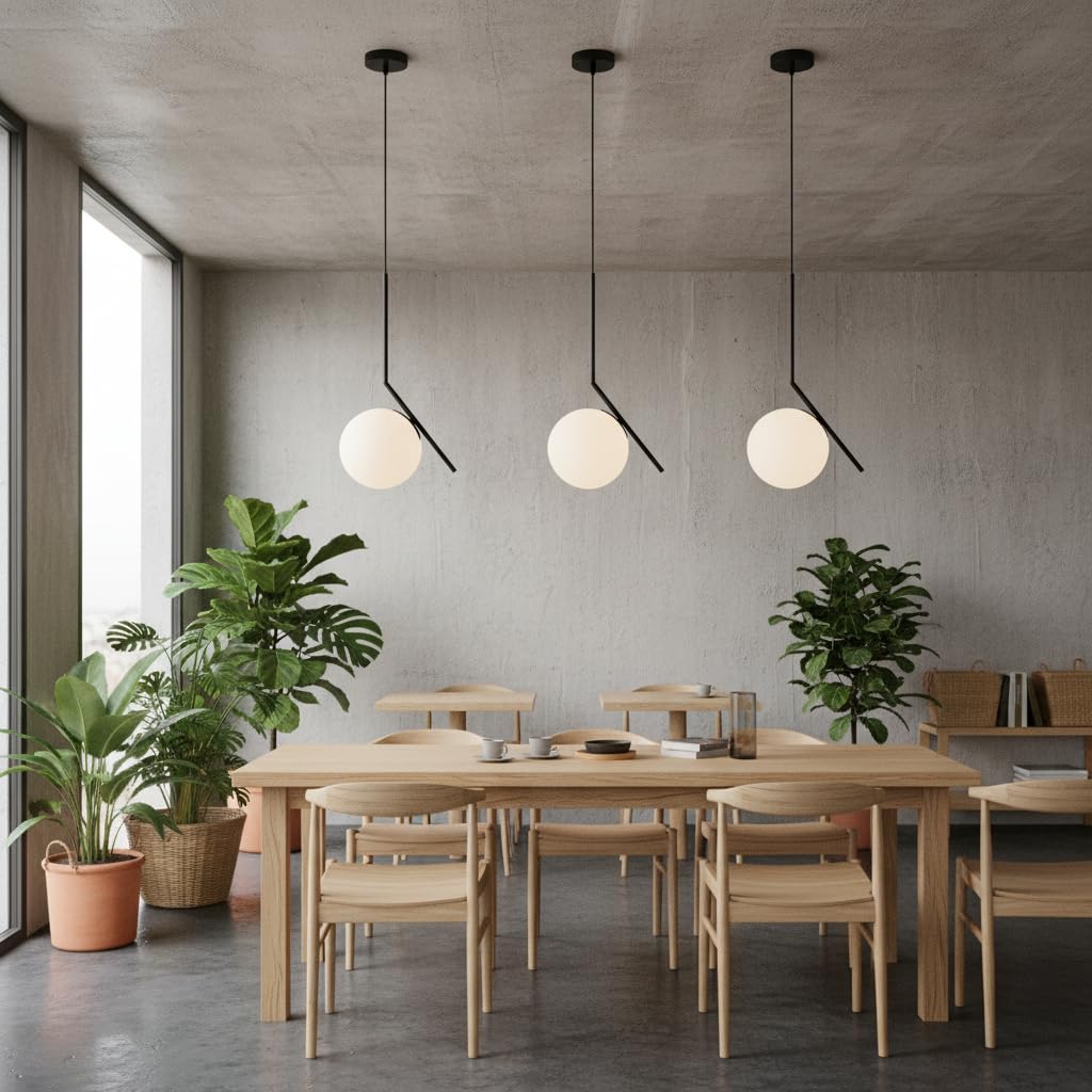 BARCELONA LED Lampada a Sospensione in Vetro a Sfera E27, Corpo in Metallo Alluminio con in Vetro Opalino, Stile Nordico Moderno Giapponese Industriale e Classico per Soggiorno e Cucina, Nero