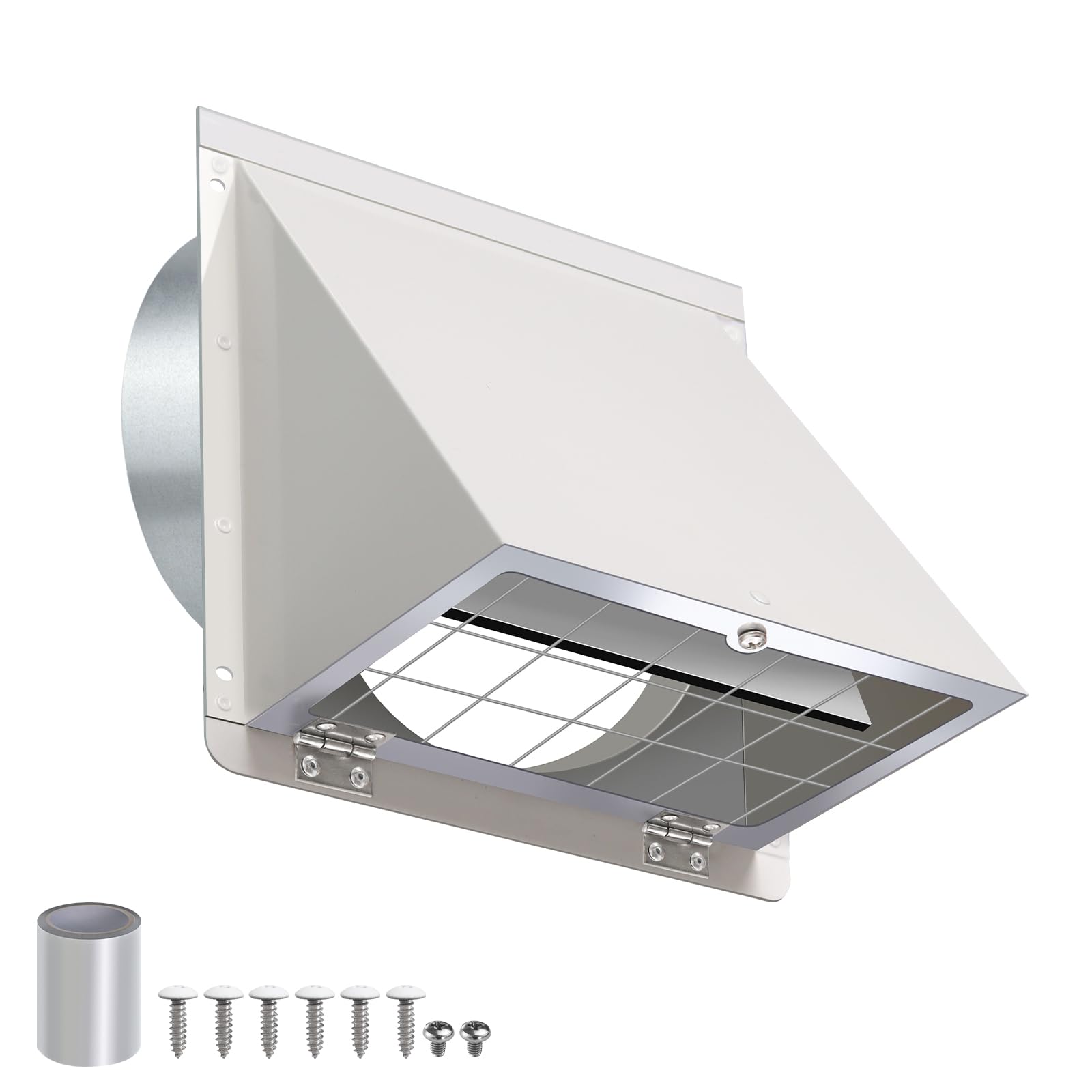 4 inch dryer vent cover outside with mesh and damper,wall vent exhaust vent cover,4" metal dryer vent cover outdoor,exterior dryer vent hood outlet cap for laundry dryer range hood ac air vent,white