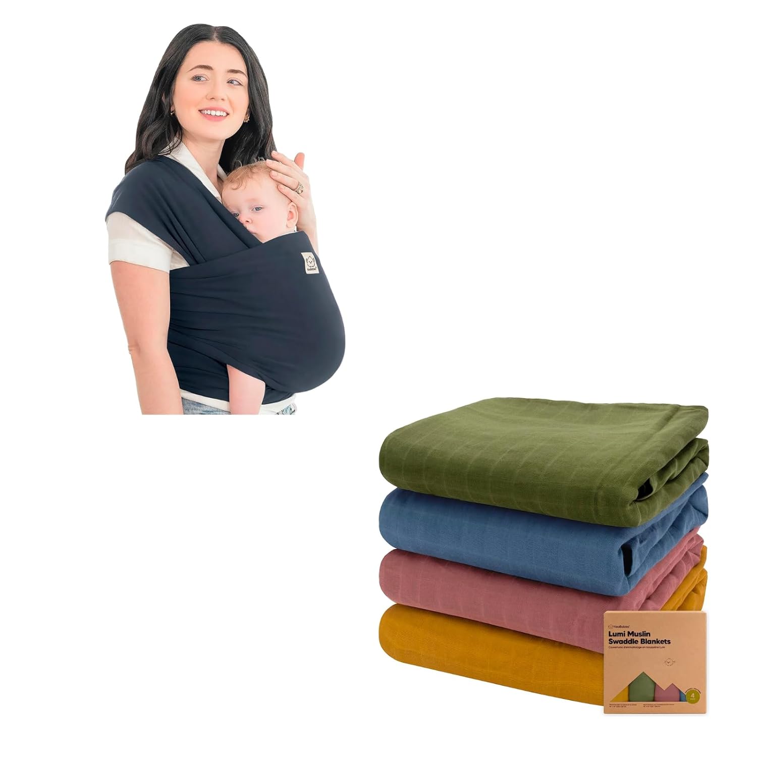 KeaBabies Baby Wrap Carrier and 4-Pack Muslin Swaddle Blankets for Baby Boys, Girls - All in 1 Original Breathable Baby Sling, Baby Blankets for Girl, Boy