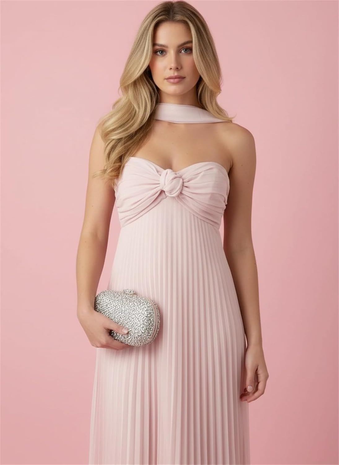 Strapless Chiffon Prom Dress for Women Long Pleated Flowy Bridesmaid Wedding Guest Maxi Gowns with Scarf - Image 2