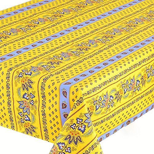 Le Cluny, Lisa Yellow and French Blue, French Provence 100 Percent COATED Cotton Tablecloth, 60 Inches x 120 Inches