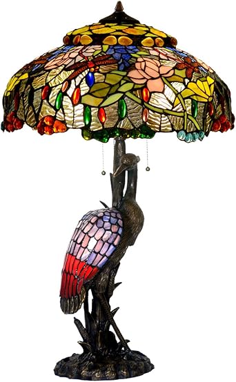 HT Table Lamp E26x3 E12x1 Bulbs 20 Inch Wide Stained Glass Desk Home Decor Lights Pink Lotus Design Lamp Shades Female Crane Shape Bronze Lamp Base Tiffany Lights for The Office Nightstand
