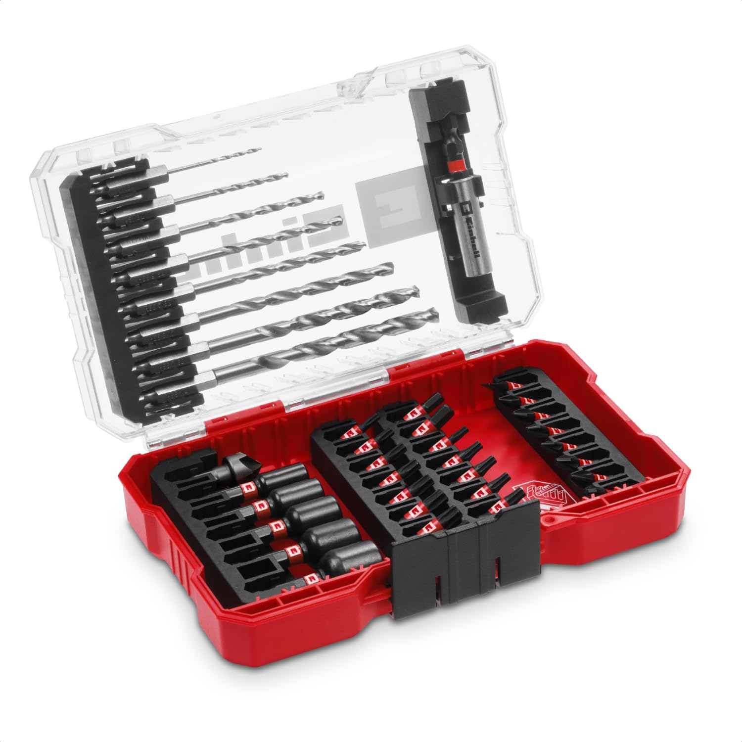 Einhell M-Case - Juego de accesorios de 39 piezas resistentes a los impactos (brocas de 25 mm, brocas de metal, soporte de brocas de 60 mm, llave de vaso, avellanado, incluye caja de almacenamiento)