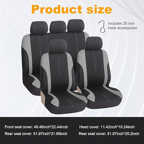 Miniatura 8 de Dickno Juego completo de 9 fundas de asiento de automóvil, lavables en dos tonos, protectores de asiento dividido para asientos delanteros y