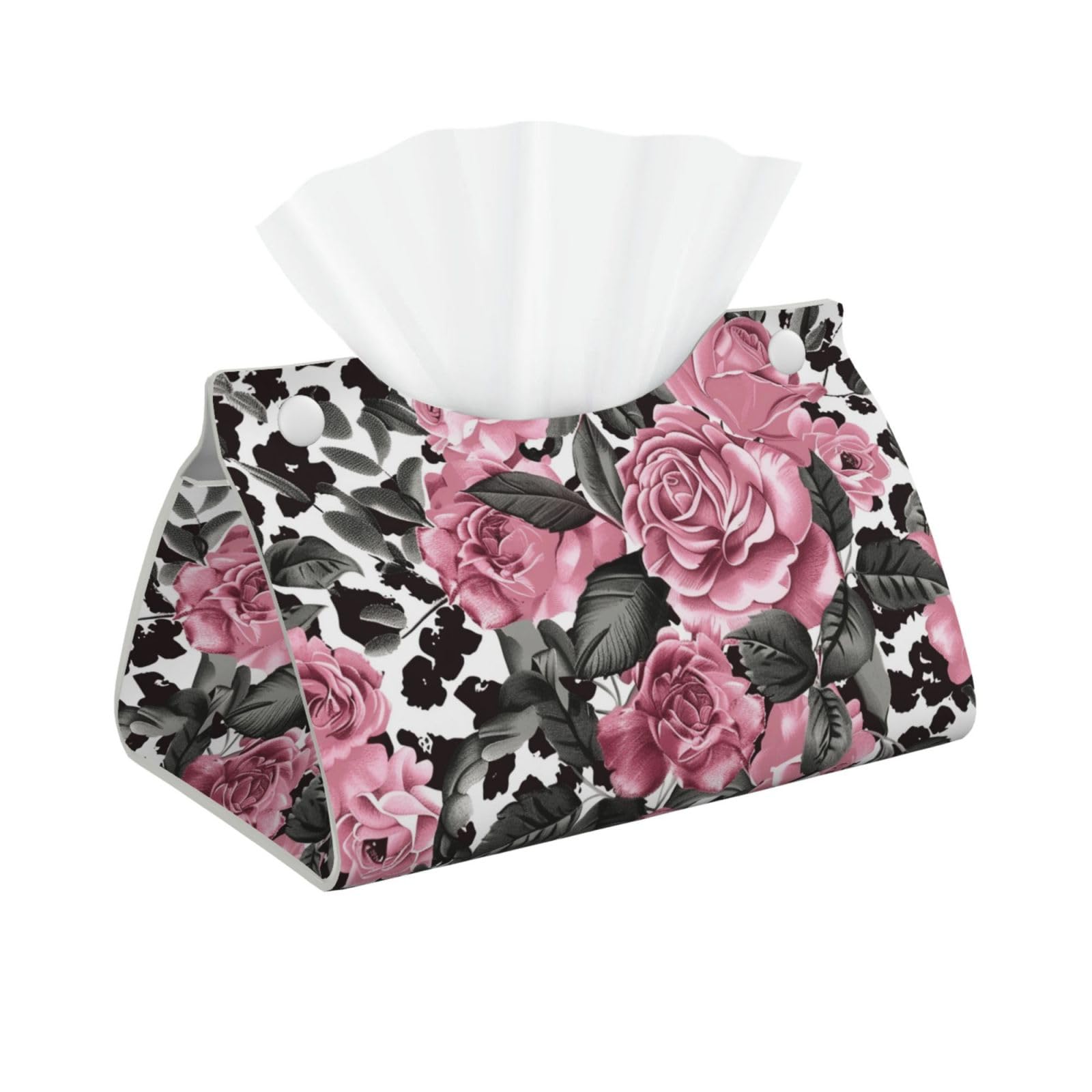 Cute Rose Mix Leopard Pattern Print Tissue Box Cover Foldable Tissue Storage Box Leather Tissue Cube Box Holder for Living Room Bedroom Office Car Home Decor