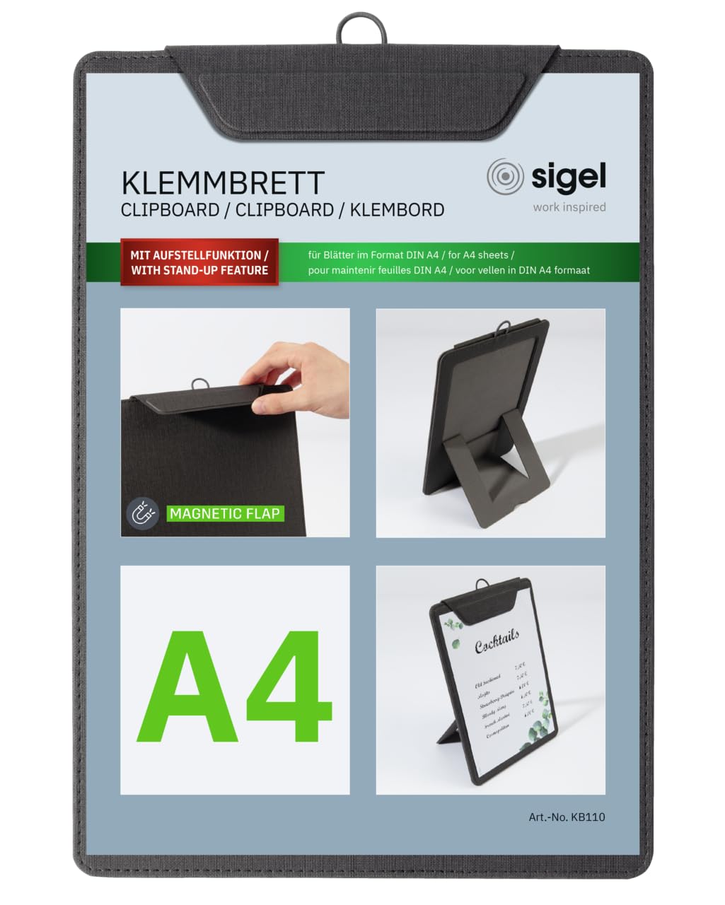 SIGEL Porte-menu avec pince 23 x 33 cm | KB110, pour jusqu’à 20 feuilles A4, anthracite, pour l’organisation efficace de documents et formulaires