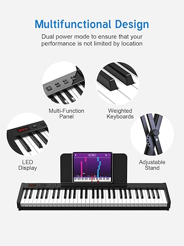 Miniatura 5 de Piano de teclado digital, teclado semipesado de 61 teclas con soporte, pedal de sostenimiento, 129 tonos, teclado de piano eléctrico de 128 ritmos,