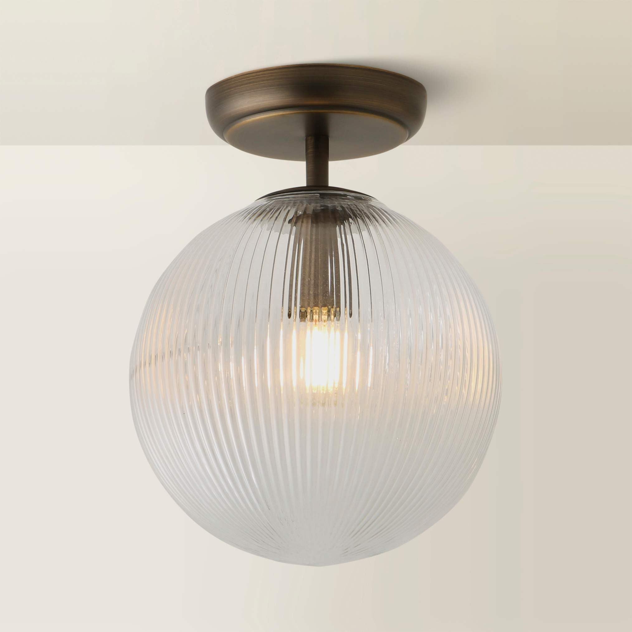 ValueLights Kempton Flush Ceiling Light - Ribbed Globe Shade - Brushed Brass - 20cm