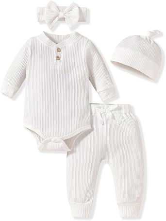 Aalizzwell Gender Neutral Long Sleeve Baby Ribbed Outfit with Hat & Headband