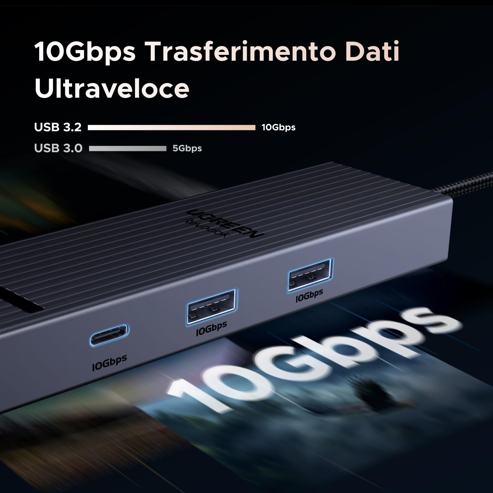 UGREEN Revodok Pro 1061 10Gbps Hub USB C Ethernet Gigabit HDMI 4K 60Hz PD 100W Adattatore Type C 3.2 Docking Station Compatibile con MacBook Air, iPad, iPhone 16 Plus Max, Surface, Galaxy Tab S9