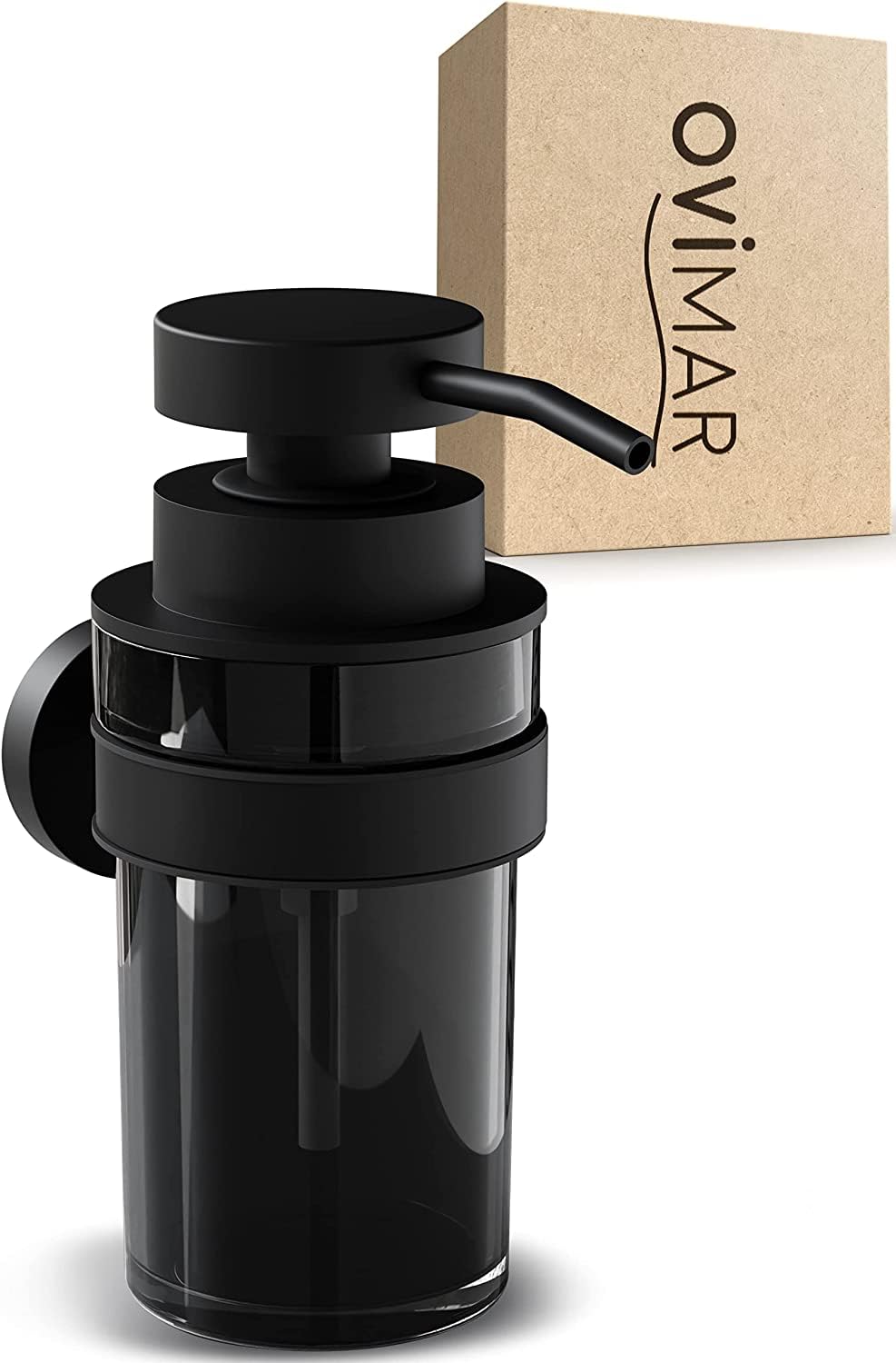ovimar Dispensador de jabón Lokta | negro | con montaje en pared para taladrar | de acero inoxidable y cristal negro | apertura extra grande fácil de rellenar | para baño o cocina | dispensador