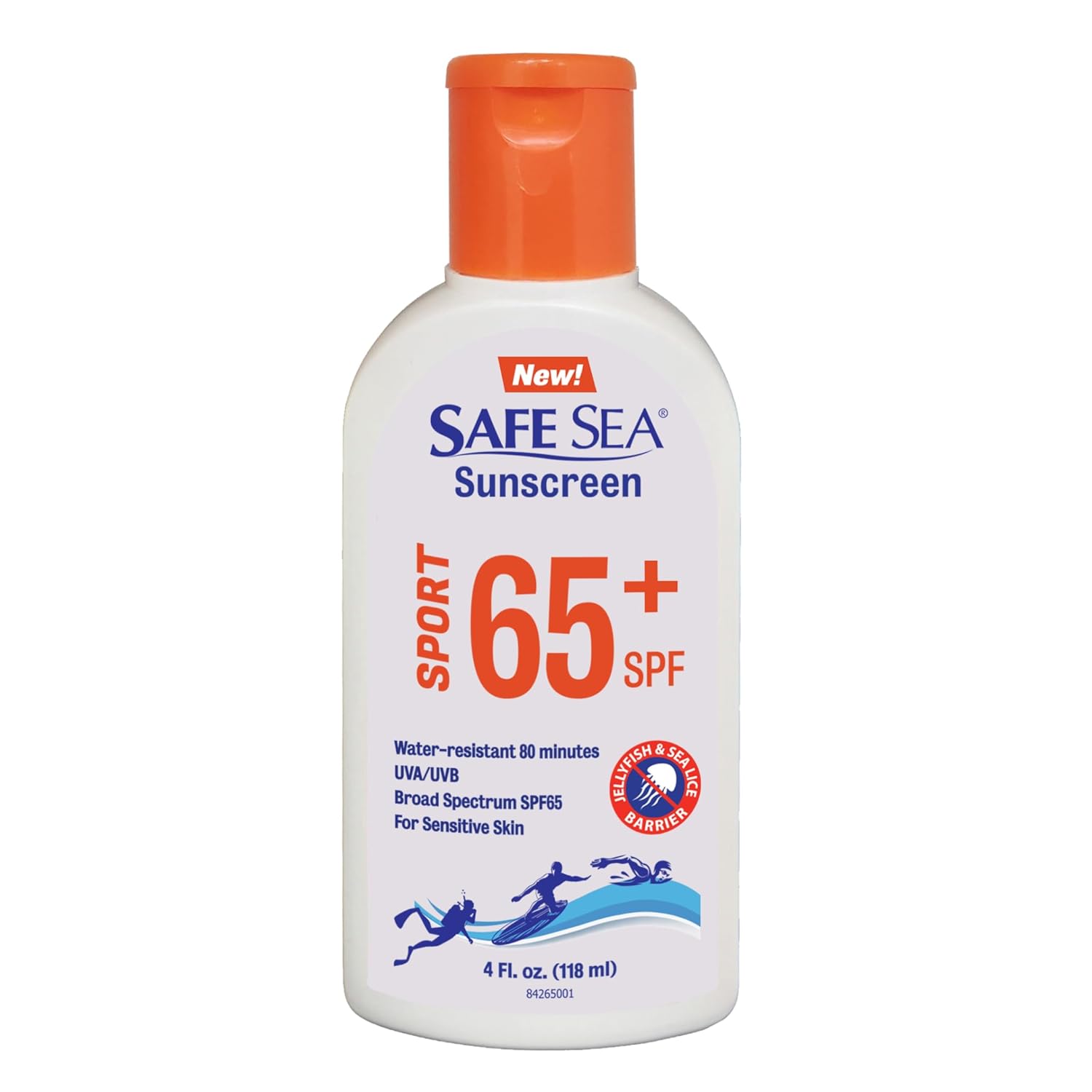 Safe Sea SPF 65+ Sport Sunscreen Lotion 4oz, Jellyfish and Sea-Lice Sting Protection, Super Water and Sweat resistant, Biodegradable, Easy to apply. 4Oz (118ml), Pack of 1