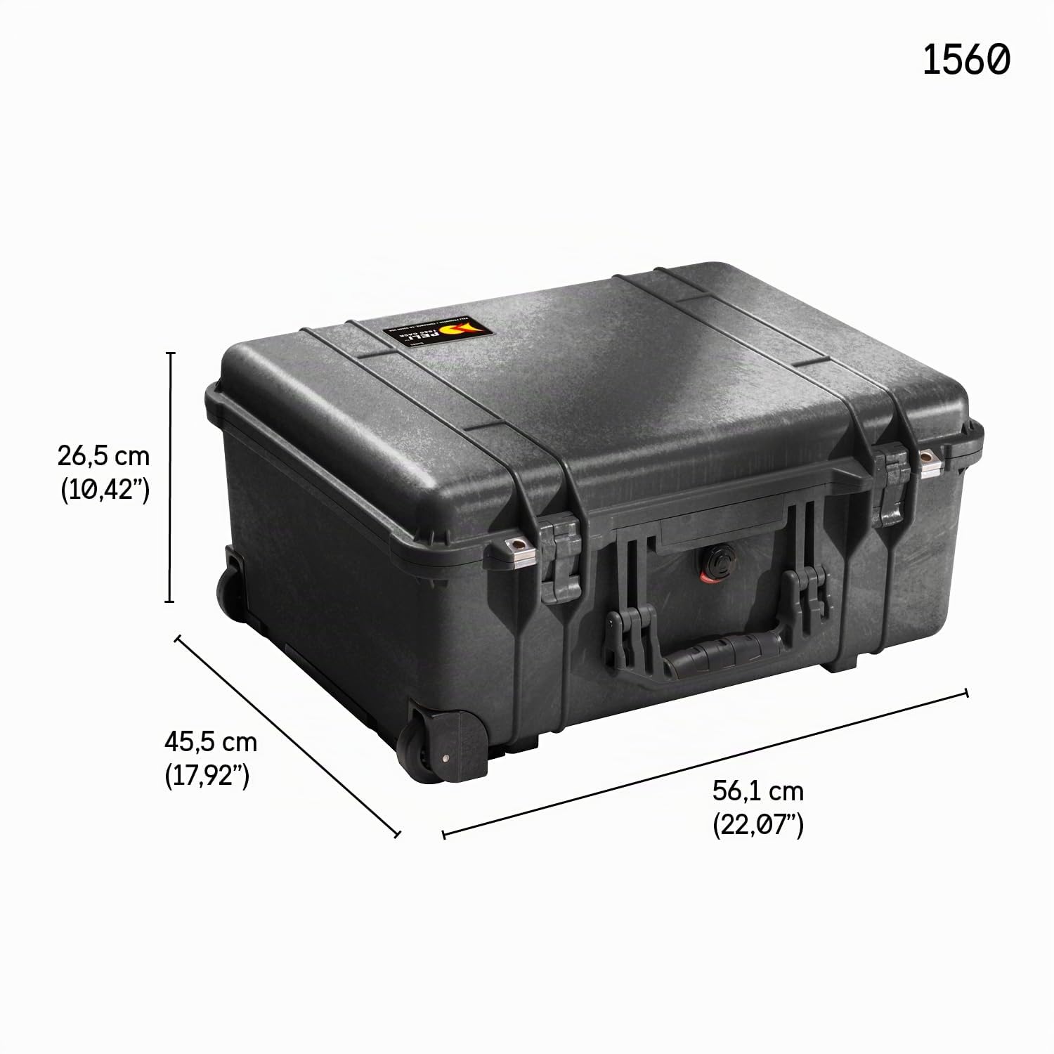 PELI 1560 Langer Schutzkoffer mit Rollen, IP67 Wasser- und Staubdicht, 44L Volumen, Ohne Schaum, Schwarz