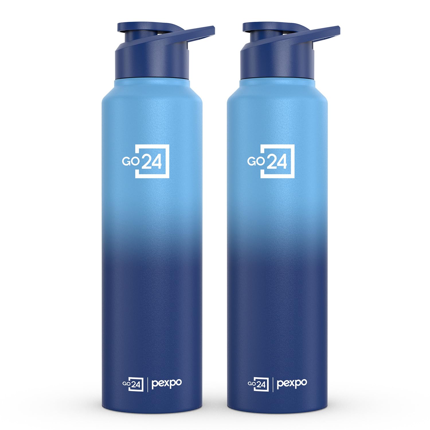 Go24 pexpo Water Bottle 1 ltr Stainless Steel Sports/Fridge Bottle with Sipper Cap (Pack of 2)| 1-Year Warranty | Single Wall | For Home, Office, Gym | Craft Pro 950ml | Blue-Denim Blue Ombre