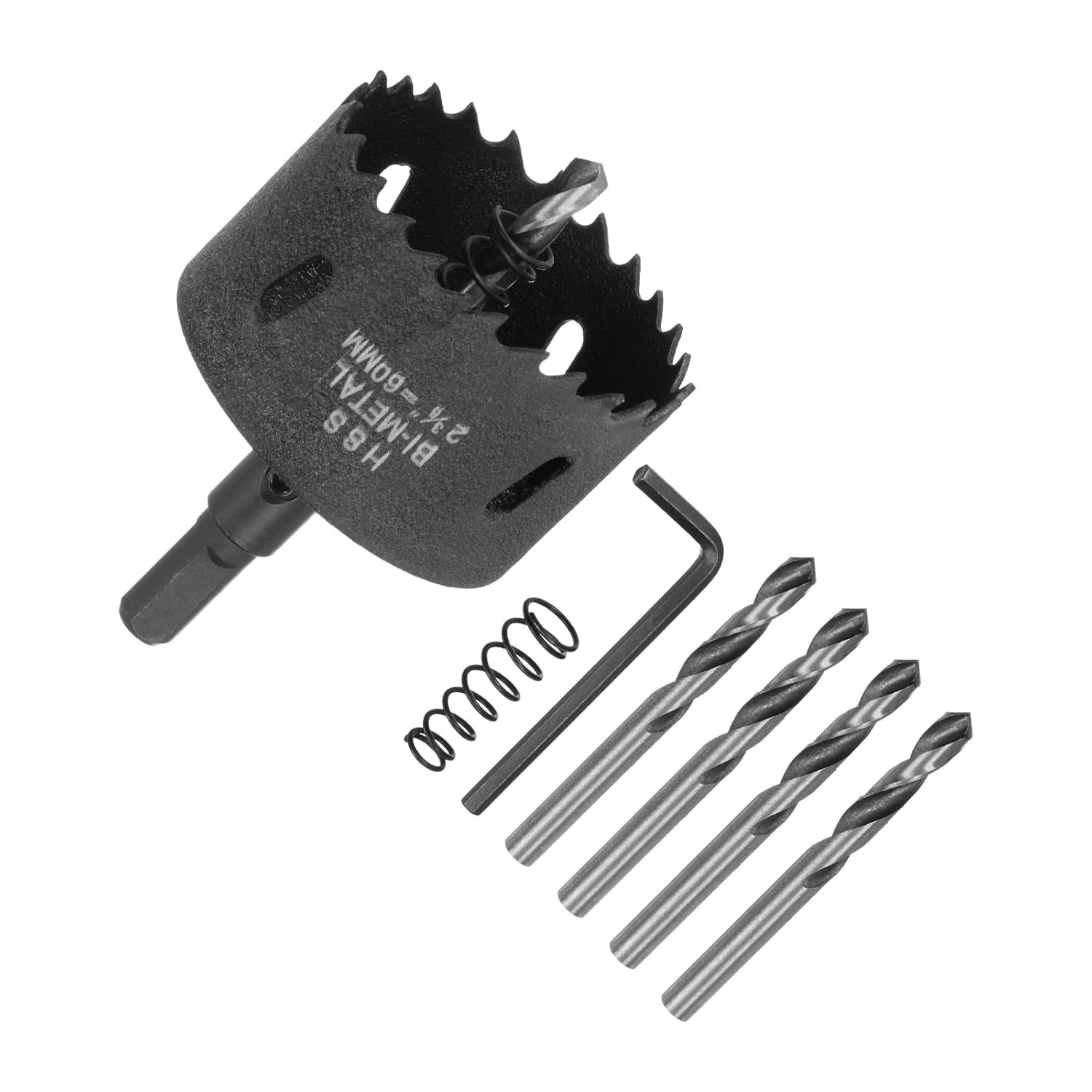 HARFINGTON Bi-Metal Hole Saw Kit 60mm (2-3/8") Hole Cutter Set with 1pcs 15/32" Hex Shank Arbor 5pcs 1/4" Center Drill Bits 2ps Springs 1pcs Wrench for Wood Plastic Soft Metal