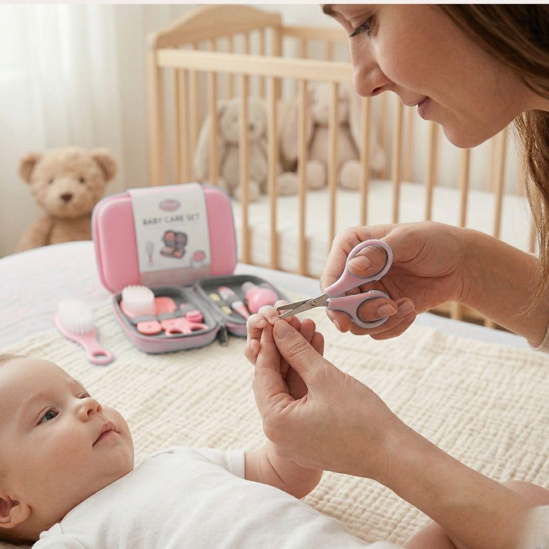 Kit de Cuidado e Higiene para Bebé | Estuche Portátil con Cepillo y Peine, Tijeras, Lima, Cortaúñas, Termómetro Digital, Aspirador Nasal y Protector de Chupete (Rosa)