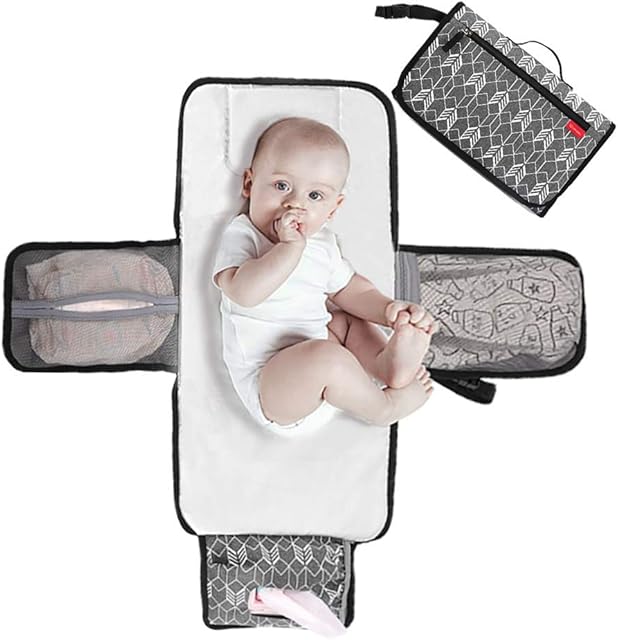 Lekebaby Portable Nappy Changing Mat Travel Baby Change Mat with Wipe-Pocket and Head Cushion, Grey