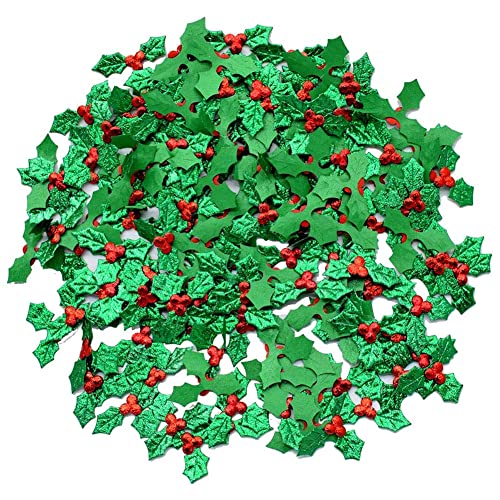 Christmas Holly Berries Embellishment 100Pcs Mini Craft Berry Greens Leaf Sequins Fabric Leaf Confetti for Christmas Card Gift Tags Table DIY Craft Decorations.(3.5cm)