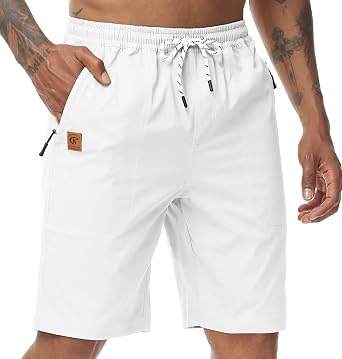 Mens Stretch Shorts Casual Classic Fit Drawstring Summer Beach Shorts with Zipper Pockets