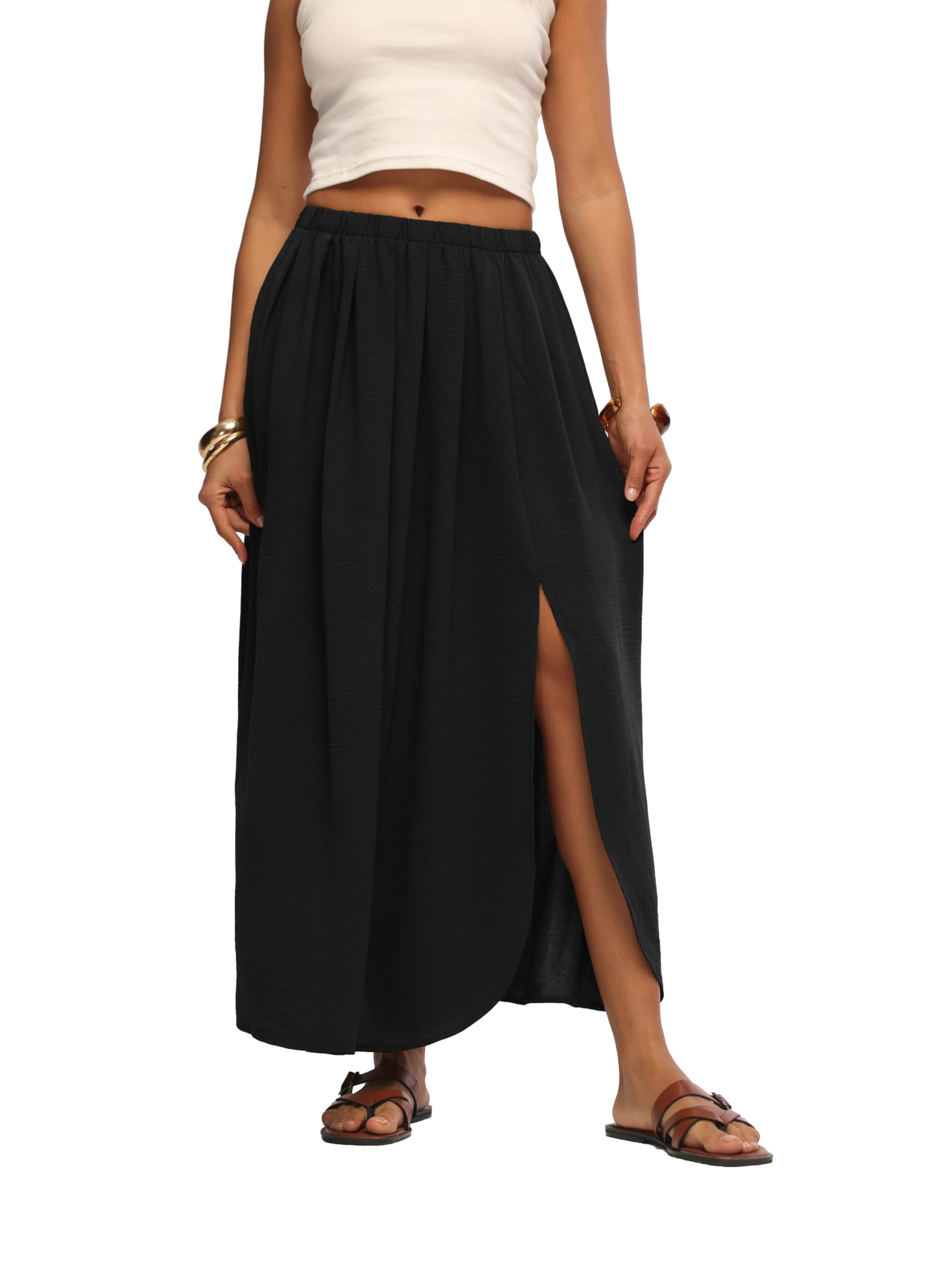 HiMONE Womens Maxi Skirts High Waisted Flowy A Line Weekend Skirt with Side Slit for Spring Summer 2026