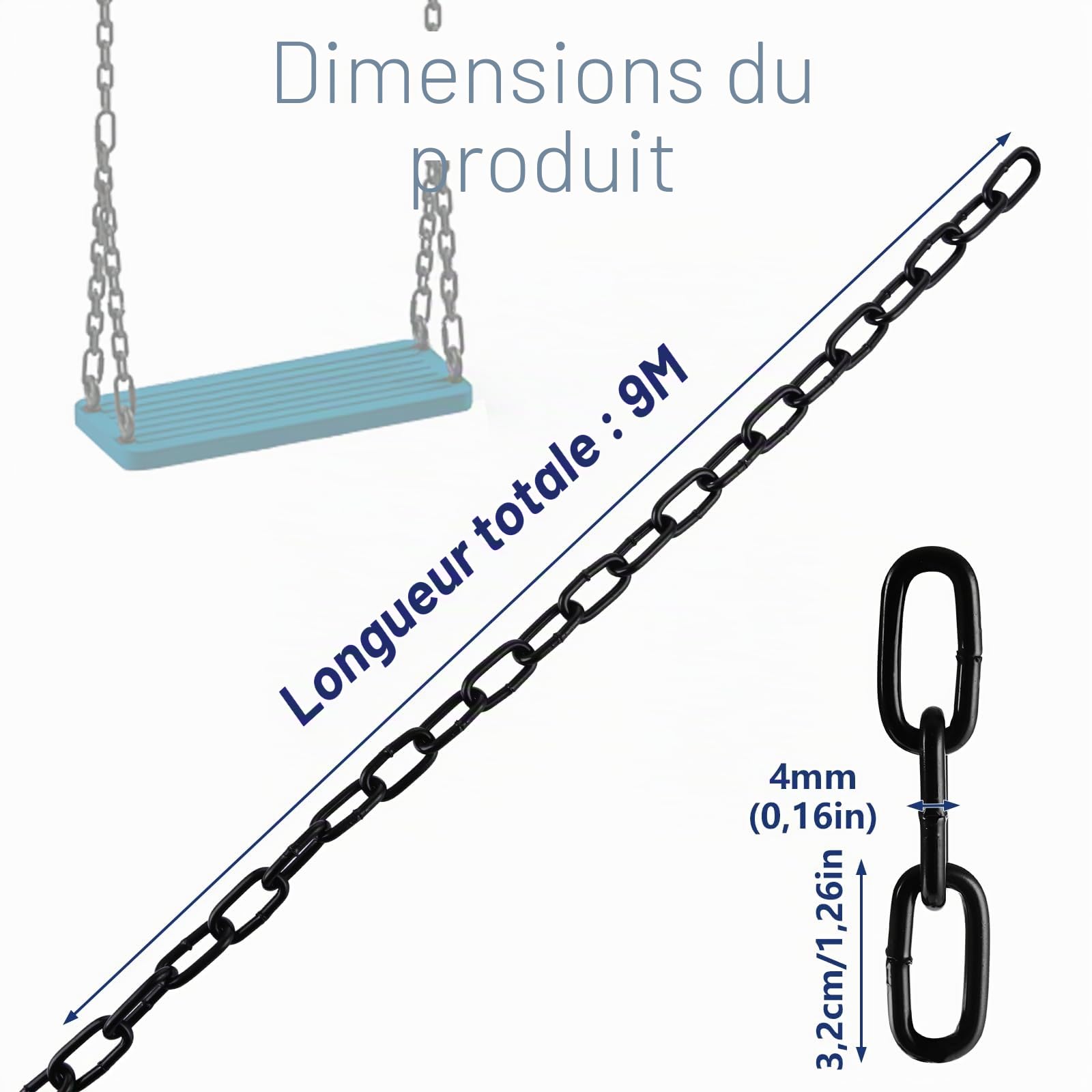 Chaîne en acier au carbone, 9 m, 4 mm d'épaisseur, noire, pour chaîne de chien, de lampe et de barrière