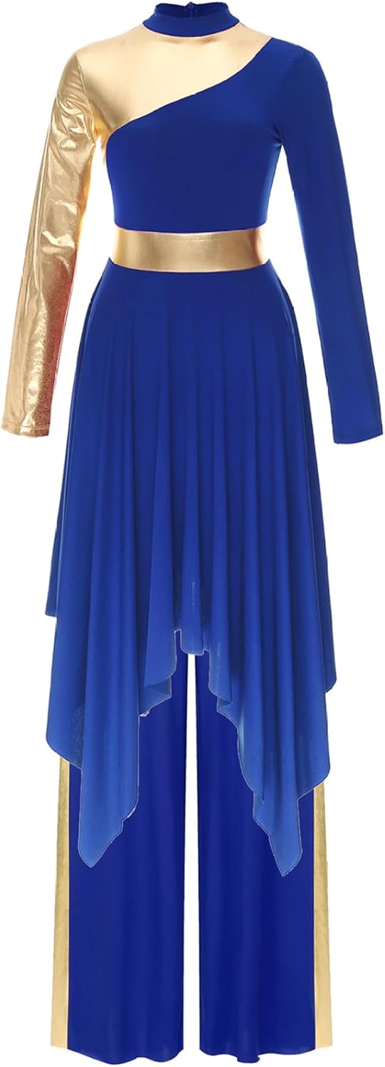 Women's Praise Dance Outfit Color Block Worship Dance Dress with Pants Liturgical Dancewear