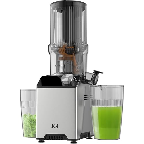 Cold Press Juicer, Juicer Machines with 4.35'' Wide Feed Chute, Stainless Steel Masticating Juicers Easy to Clean, Ergonomic Operational Panel Design, High Juice Yield, Platinum Color Knob
