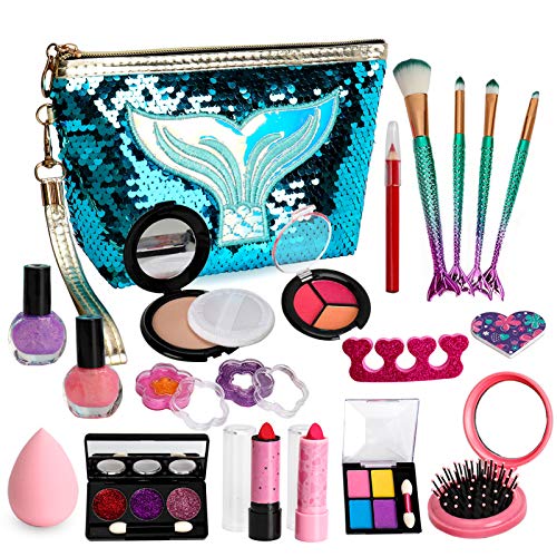 Flybay Washable Kids Makeup Kit for Little Girls, Princess Pretend Play Game Makeup Toy Set, Real Cosmetic Beauty Set for 4 5 6 7 8 Years Old Girls
