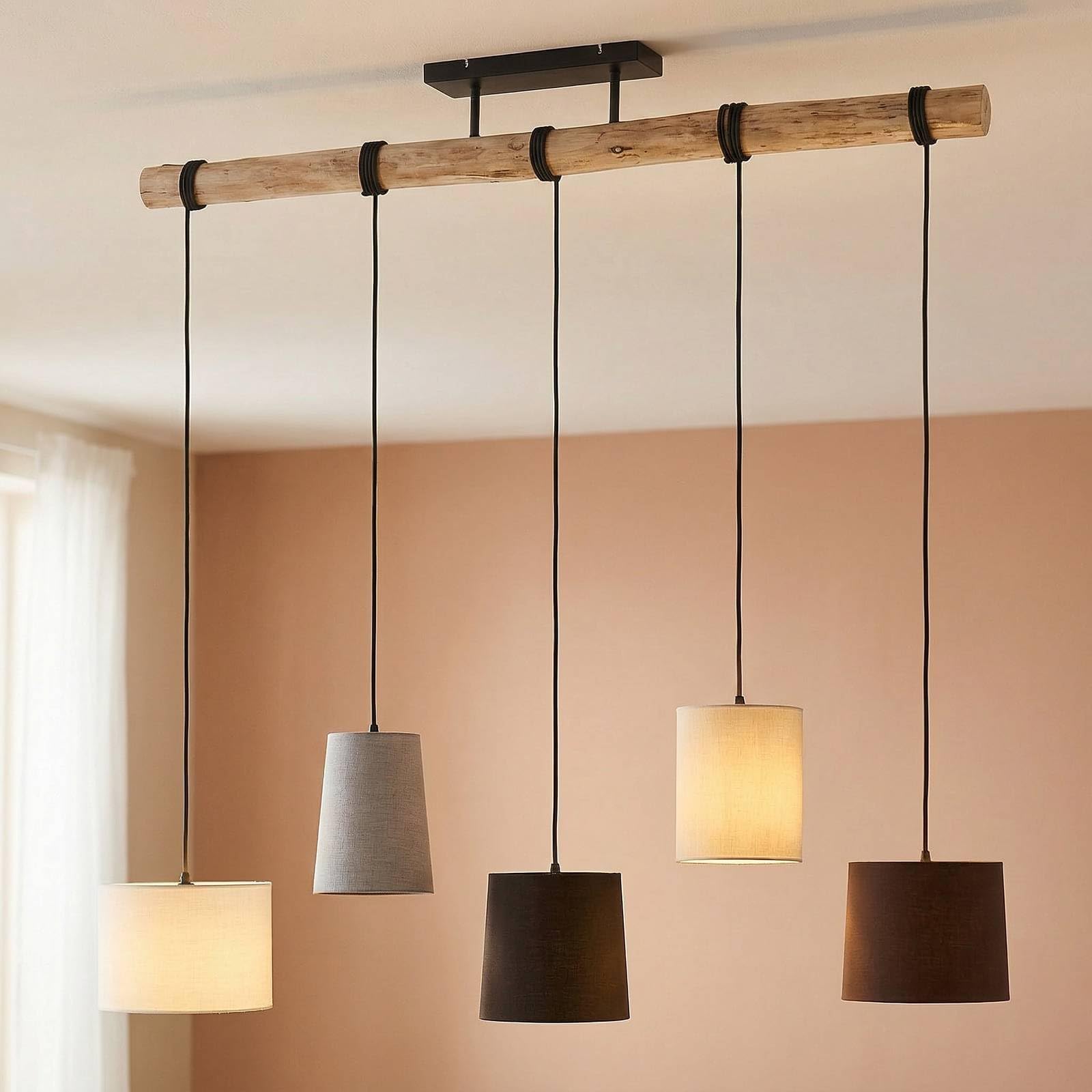Lindby Esstisch Pendelleuchte Holz, Textil Balkenpendelleuchte Holzast und Stoff Lampenschirm Hängelampe Lampe Wohnzimmer 5x E27 ohne Leuchtmittel