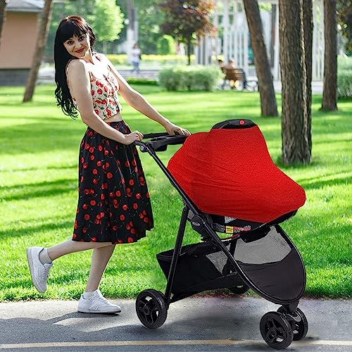 Image of Moudou Red Solid Color Baby Car Seat Cover, Soft Stretchy Infant Carseat Canopy Cover Newborn Nursing Breastfeeding Cover for Stroller, High Chair, Shopping Cart