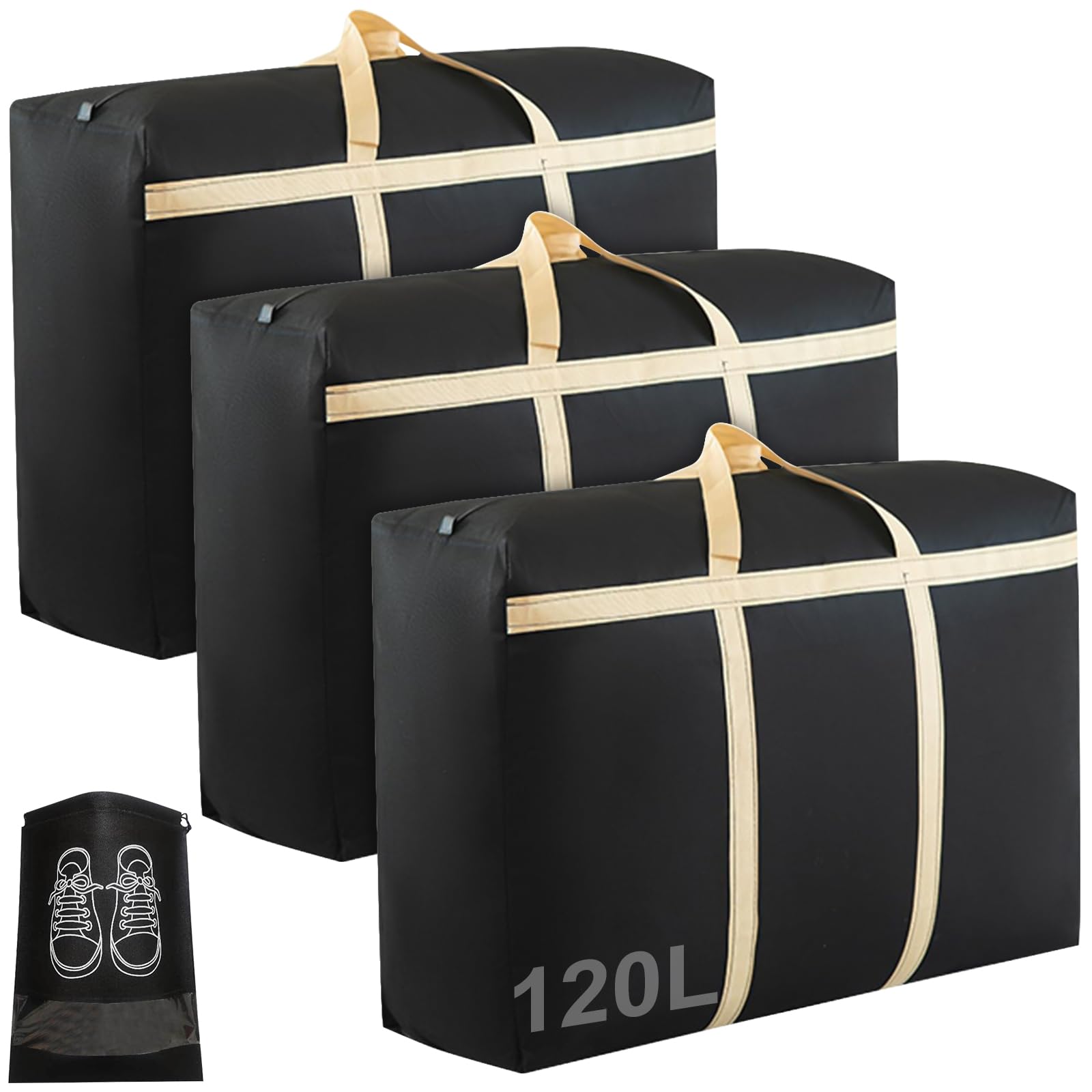 3 Pack Extra Large Storage Bags 120L Waterproof Under Bed Storage 600D Oxford Thickened Sturdy Moving Boxes Heavy Duty Bags Bedding Storage for Clothes Quilt Bedding Traveling & Moving - 90x46x26 CM