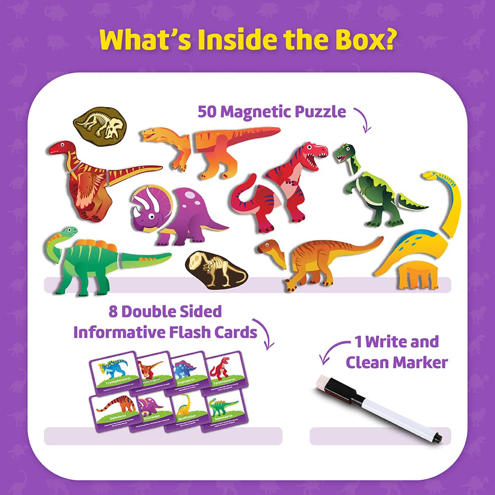 Funtad Magnetic Fun Art Puzzle - Dinosaur|4-in-1 Travel Friendly Educational Toy with Writable Board|50 Magnetic Pieces with Informative Flash Cards |Birthday Gift for Boys & Girls Age 3,4,5 & 6 yrs 1