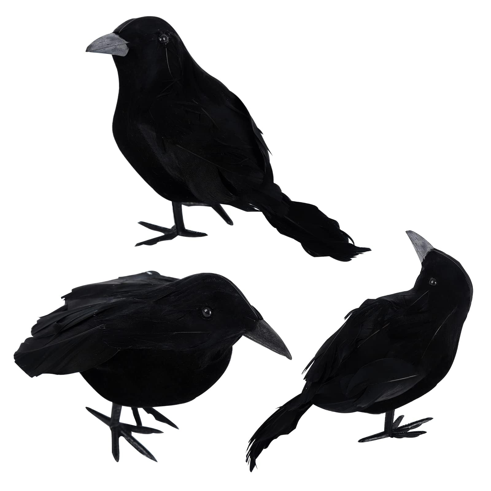 Azonee 3 Pack Halloween Crows, Artificial Feathered Realistic Raven Birds Decorations Animal Ornament Spooky Black Feather Crow for Halloween Party Prop Indoor Outdoor Home Garden Decoration Model