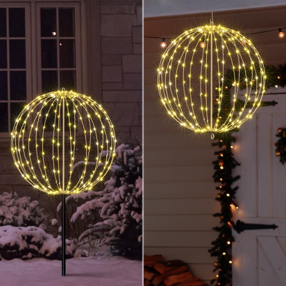 LIGHTSHARE 20IN 200LED Light Ball Yard Decoration Pathway Lights Sphere Light Fold Flat Metal Frame Indoor Outdoor Waterproof Garden Lights, Plug in 20IN White Frame / Warm White Lights