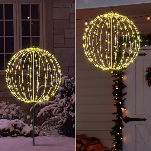 LIGHTSHARE 20 pulgadas 200LED bola de luz decoración camino luces esfera luz plegable marco de metal plano interior exterior impermeable jardín luces