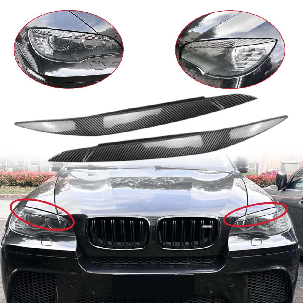 Tapa de ojo para faros delanteros, 2 piezas para faros delanteros de coche, acabado de fibra de carbono, cubiertas de párpados compatibles con BMW X6 E71 E72 2008-2014
