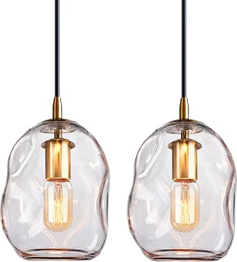 LightRound 2-Pack Organic Art Glass Pendant Lights, Clear Glass with Brushed Gold Finish