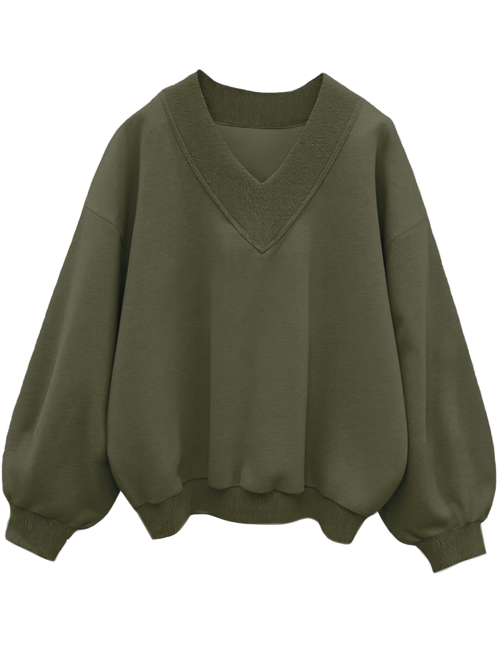 Womens V Neck Oversized Sweatshirts Casual Drop Shoulder Long Sleeve Pullover Tops-image-27