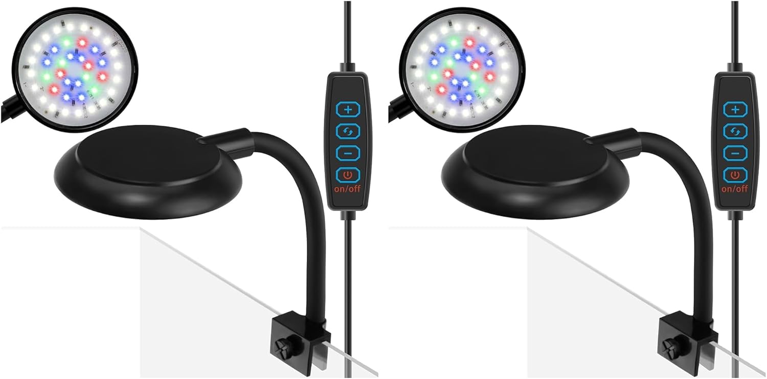 DaToo Mini Clip On Aquarium Light 7W Dimmable Small Fish Tank Light USB Moving Lamp with White Red Blue Green LED for 1 to 3 Gallon Tanks (Pack of 2)