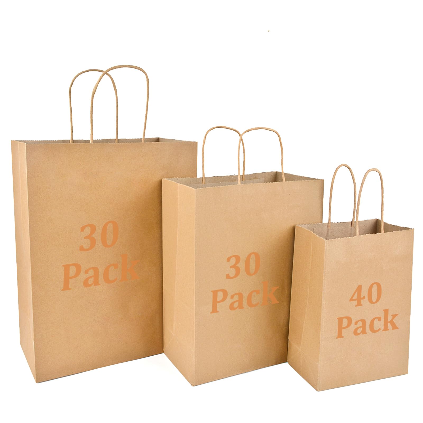 YFZYT 100 Pcs Brown Paper Bags With Handles, Size Mix - 40S - 30M - 30L, Multi-Purpose Bags for Gifts, Parties, Storage, Recycling & Everyday Use