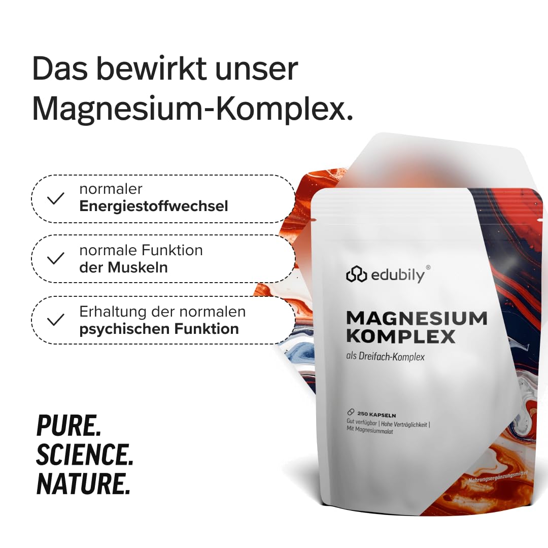 edubily® Magnesium Komplex Kapseln - Magnesiummischung aus Magnesiumbisglycinat, Magnesiummalat und Magnesiumcitrat - Ohne Magnesiumstearat - (250 Kapseln - Neue Rezeptur)