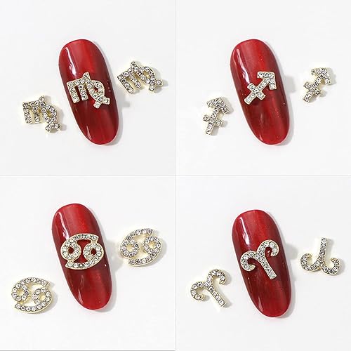 Miniatura 8 de WOKOTO 24 dijes dorados del zodiaco para uñas de arte de uñas, dijes del zodiaco 3D para uñas acrílicas, joyas de uñas y diamantes de imitación de