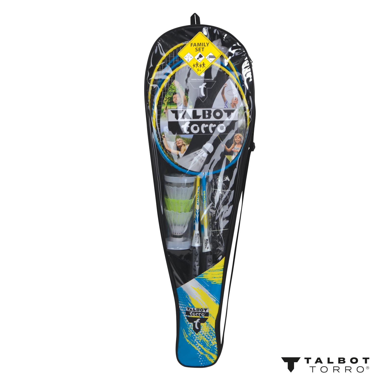 Talbot Torro Set de Badminton Family, Juego Completo con 2 Raquetas Junior 53 cm, 2 Raquetas Estándar, 3 Volantes, Red Ajustable, Bolsa