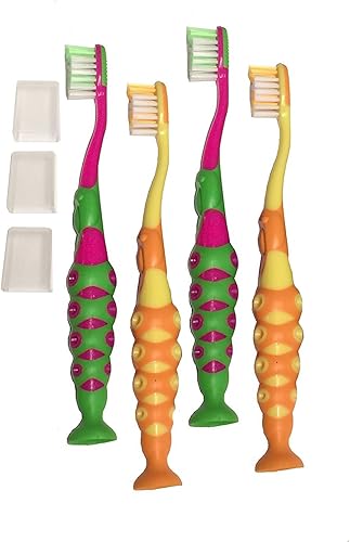 Paquete de 4 cepillos de dientes extrasuaves para niños y niñas, con base de succión de fácil agarre, sin BPA, con cubiertas antipolvo de viaje