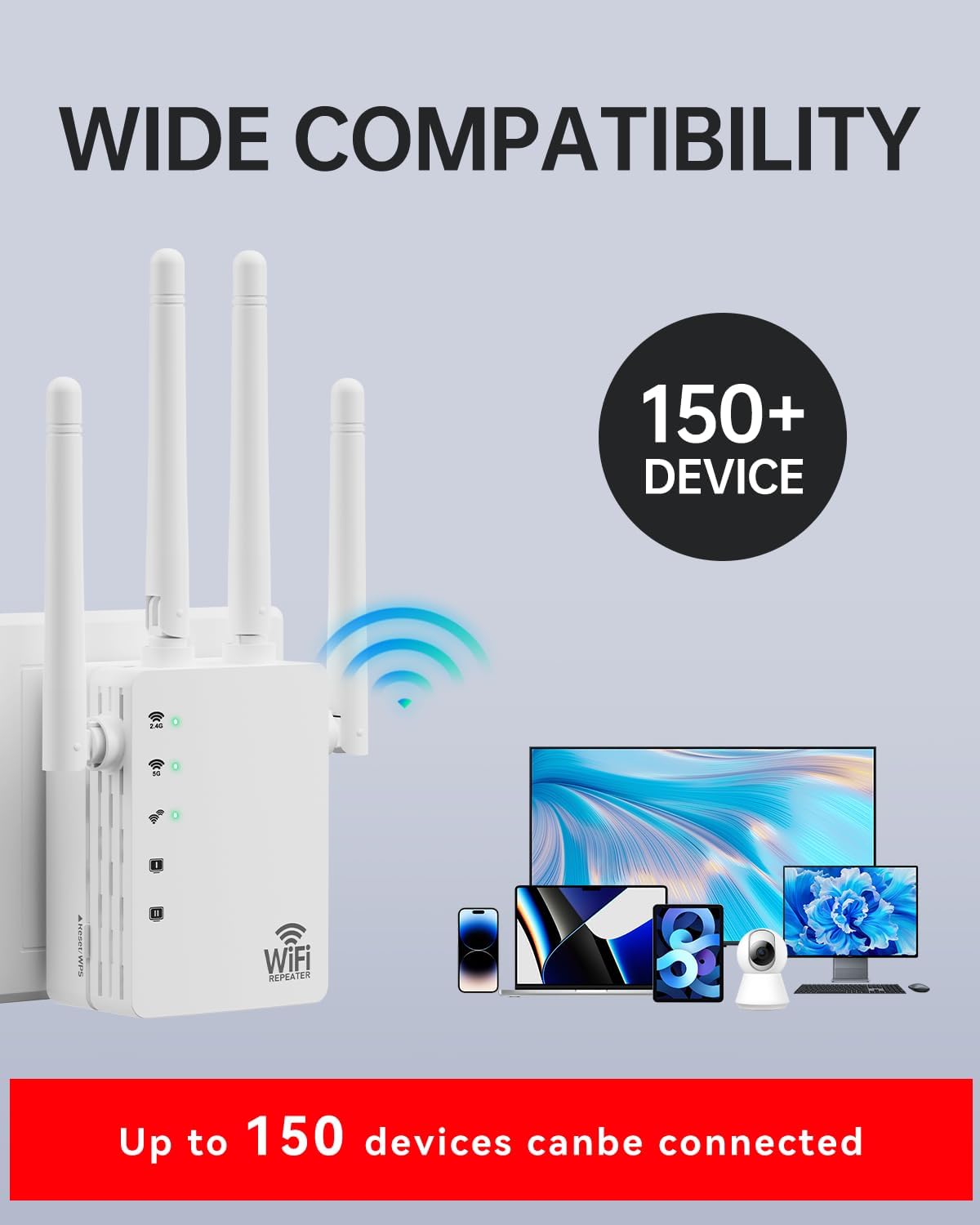 WiFi Signal Booster with 4 Directional Antennas – 1200Mbps Dual Band (5GHz/2.4GHz),WiFi Extender Covers 13,888 Sq.ft, Easy Home Setup and 150-Device Support