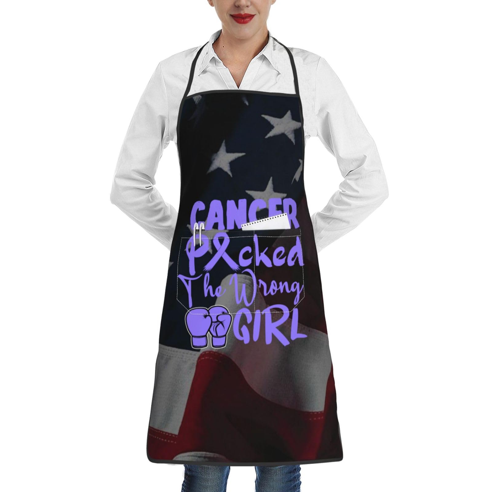 nopicsn Cancer Picked The Wrong Girl Stomach Cancer Apron for cooking with Pockets Women Men Kitchen Chef Funny Aprons